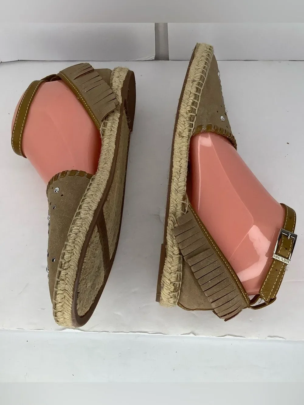 Sam & Libby Taupe Suede Espadrille Sandals Ankle Strap Stud Accents Sz 7